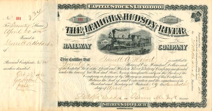 Lehigh and Hudson River Railway Co. Issued to and Signed by Garrett A. Hobart - Stock Certificate